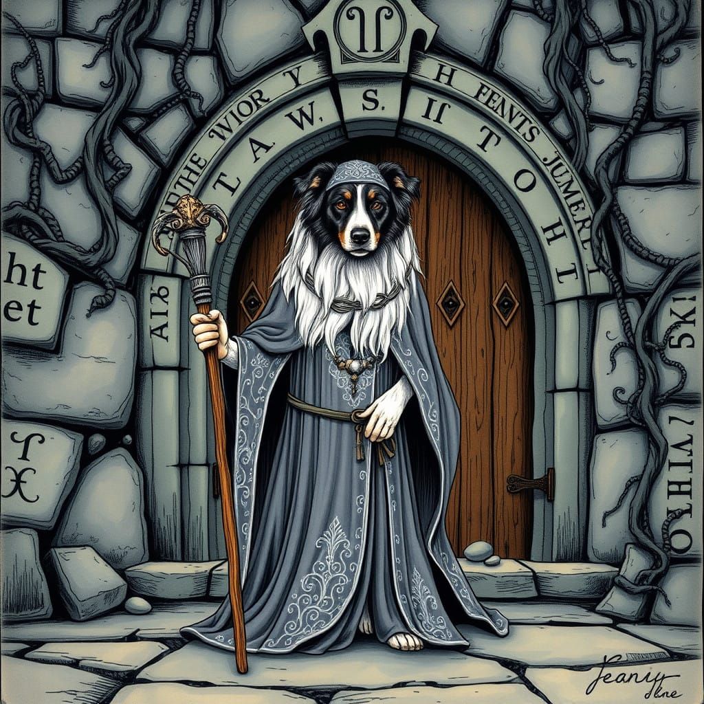Majestic Wizard Border Collie Guards Ancient Stone Entrance