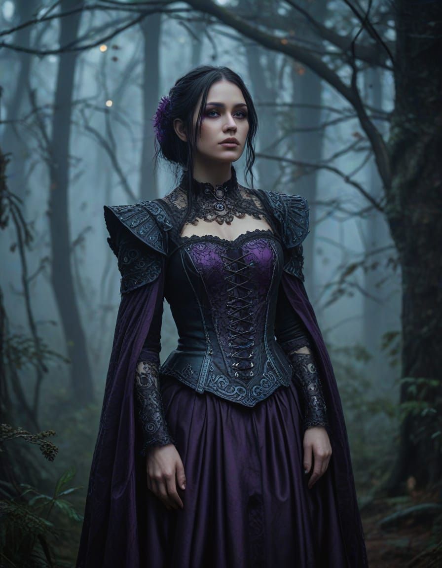 Ork Woman in Misty Forest: Gothic Fantasy Art