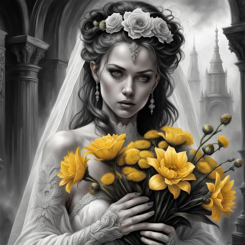 Black and White Bride with Yellow Flowers