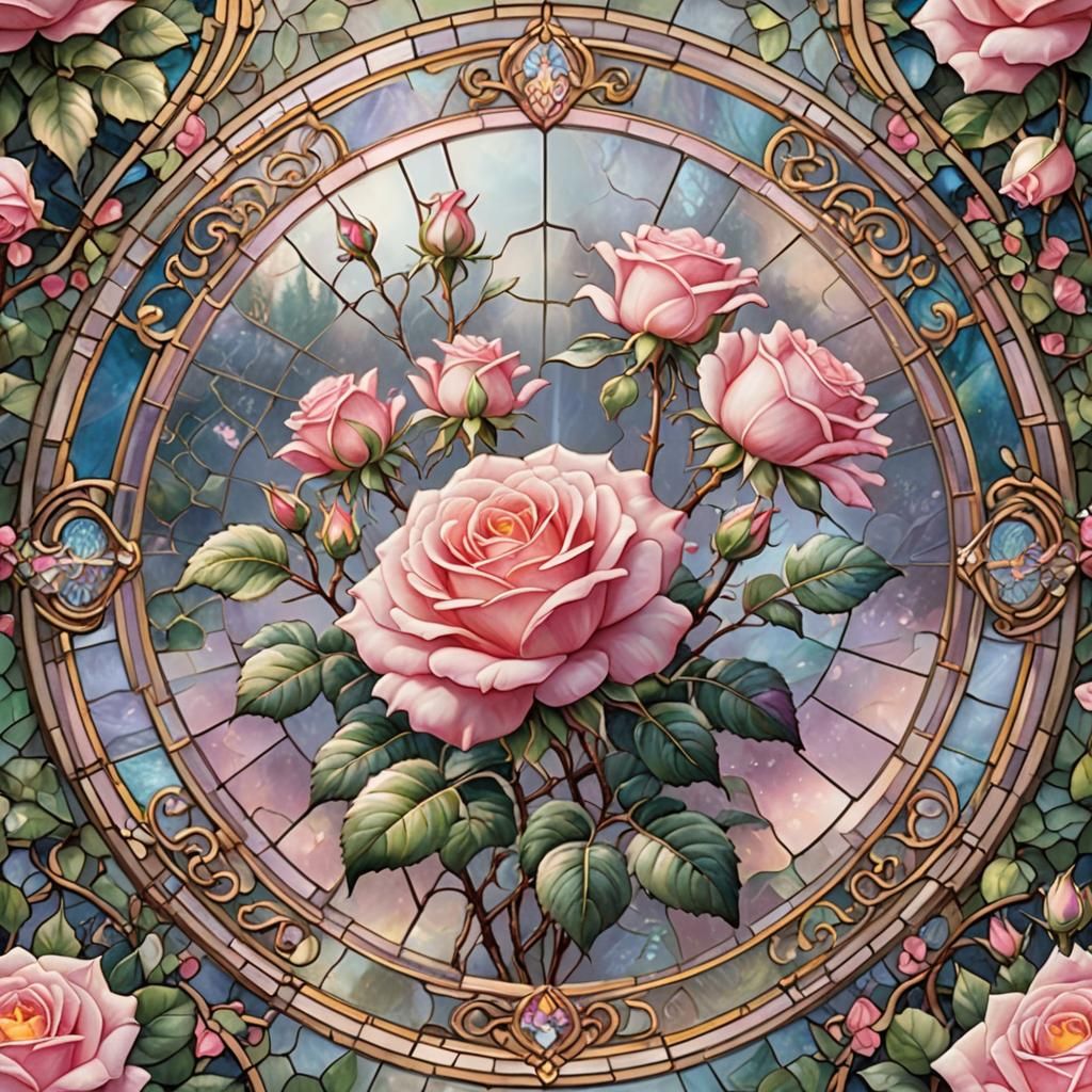 Pink Rose in Stained Glass, Ethereal Fantasy