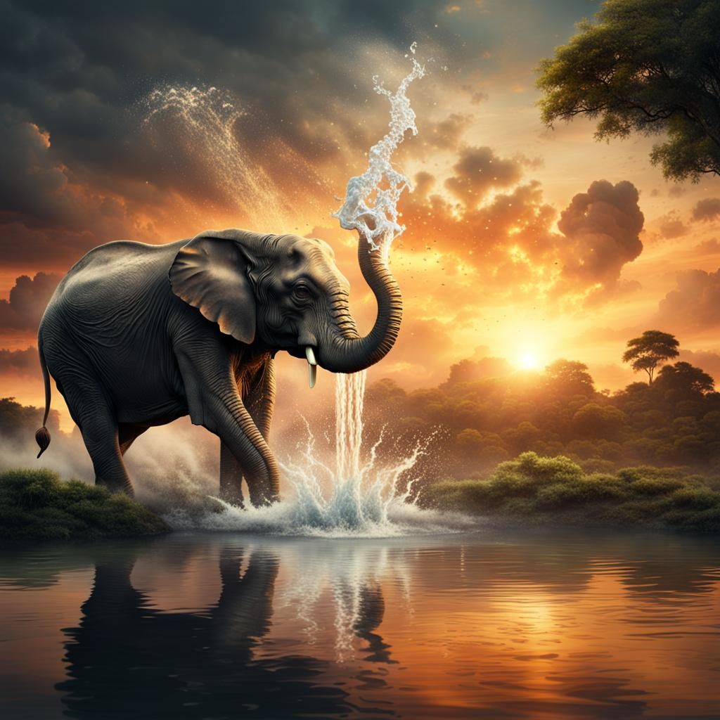 Mystical Elephant Sunset: Epic Digital Matte Painting