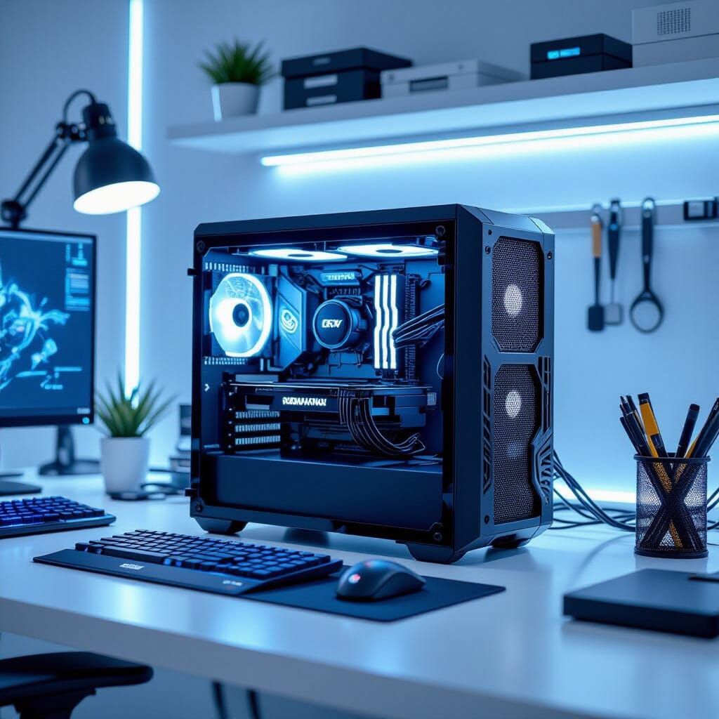 Disassembled Gaming PC on Workbench in Futuristic Style