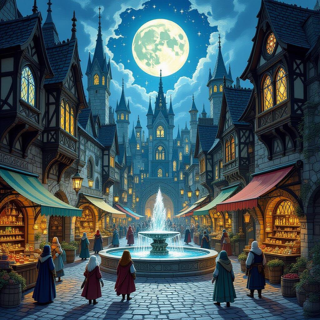 Medieval Marketplace with Creatures and Moonlight Fountain