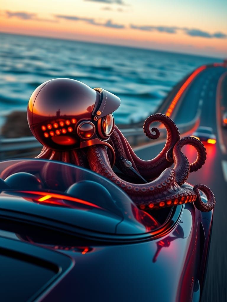 Octopus Drives Hyperrealistic Sports Car on Highway