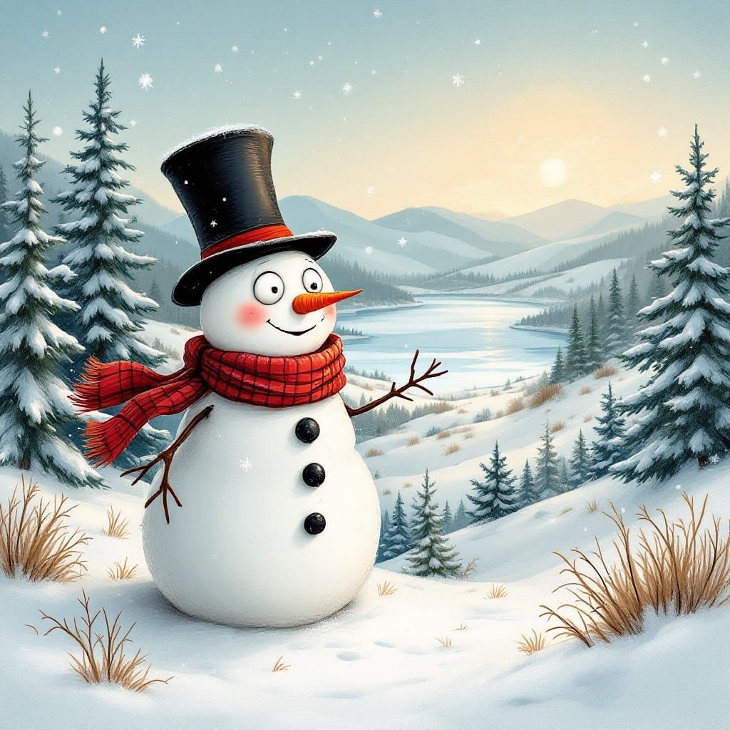 Enchanted Winter Wonderland with Whimsical Snowman