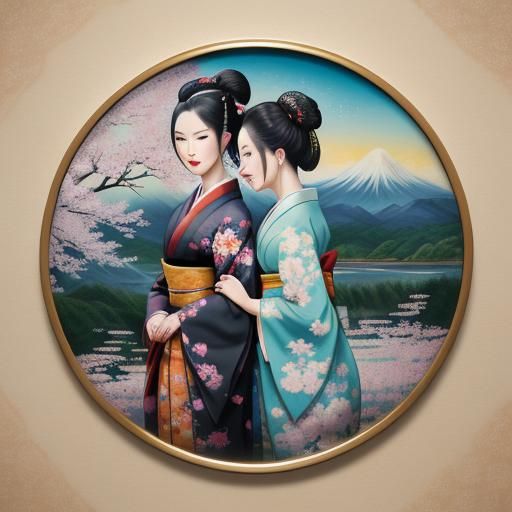 Geisha and Samurai Embrace in Impressionistic Double Exposur...