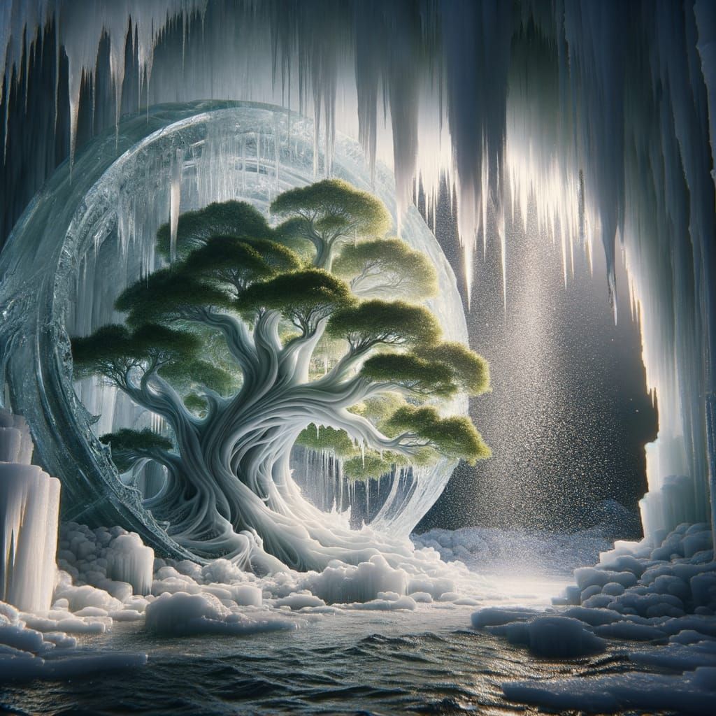 Melting Ice Sculpture Encasing Green Tree in Sunlight