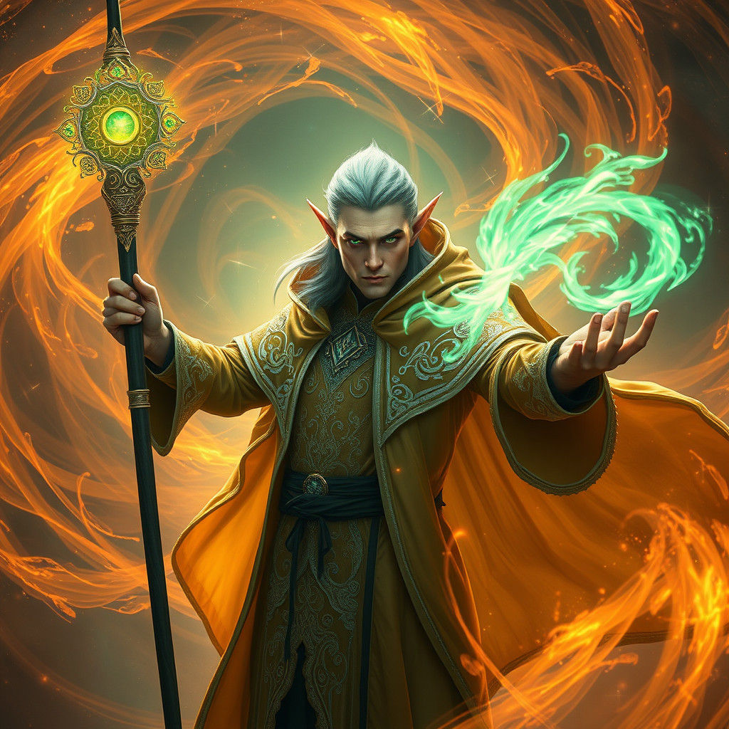 Elven Sorcerer Conjuring Magic in Digital Matte Painting Sty...