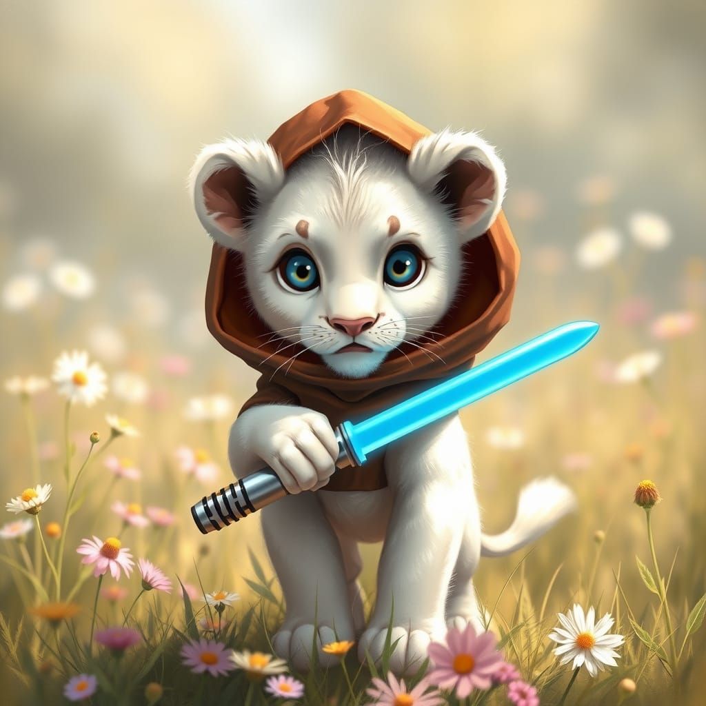 Innocent White Lion Cub Wields Blue Lightsaber in Whimsical ...
