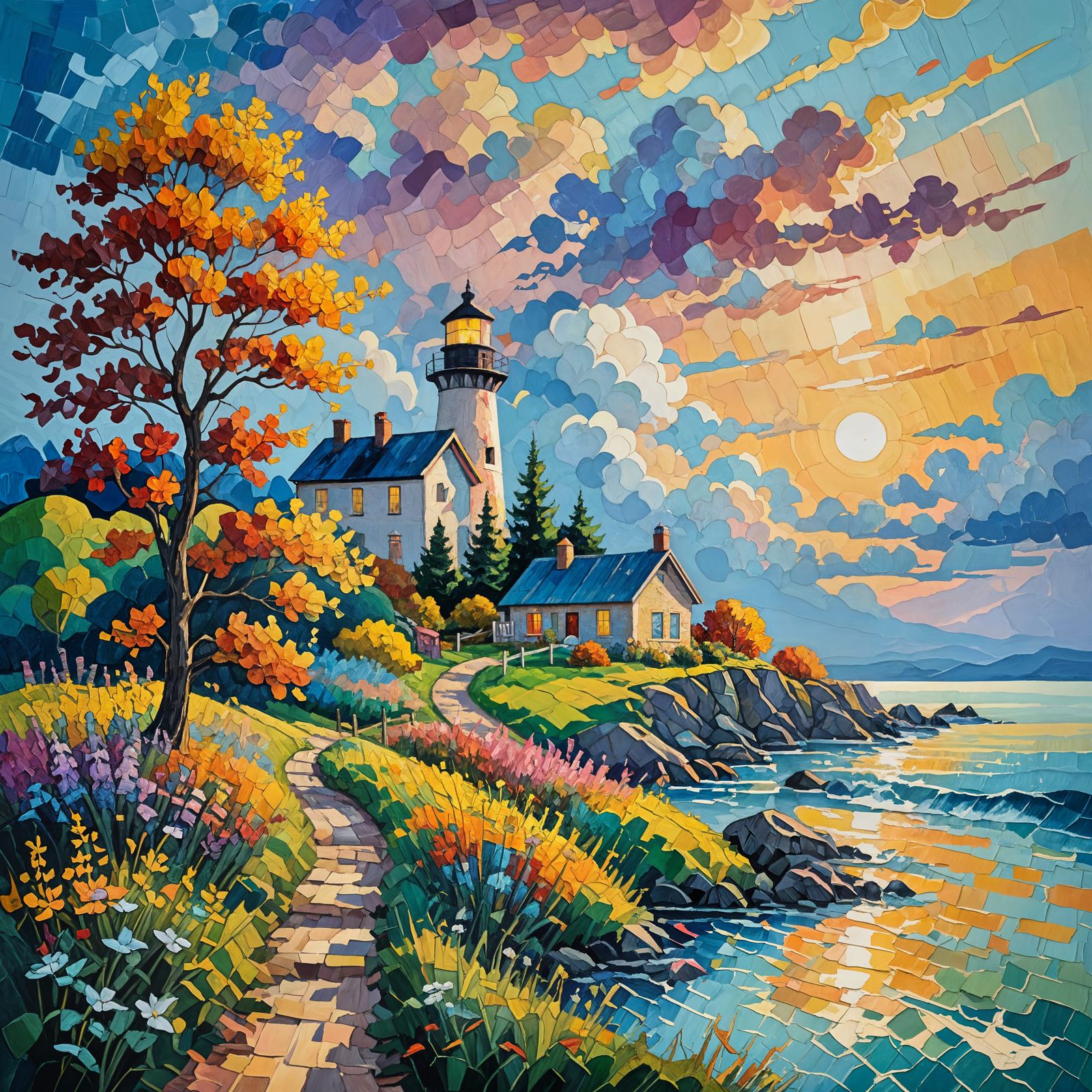 Autumn Lighthouse Hill Cottage: Neo-Impressionist Oil Painti...