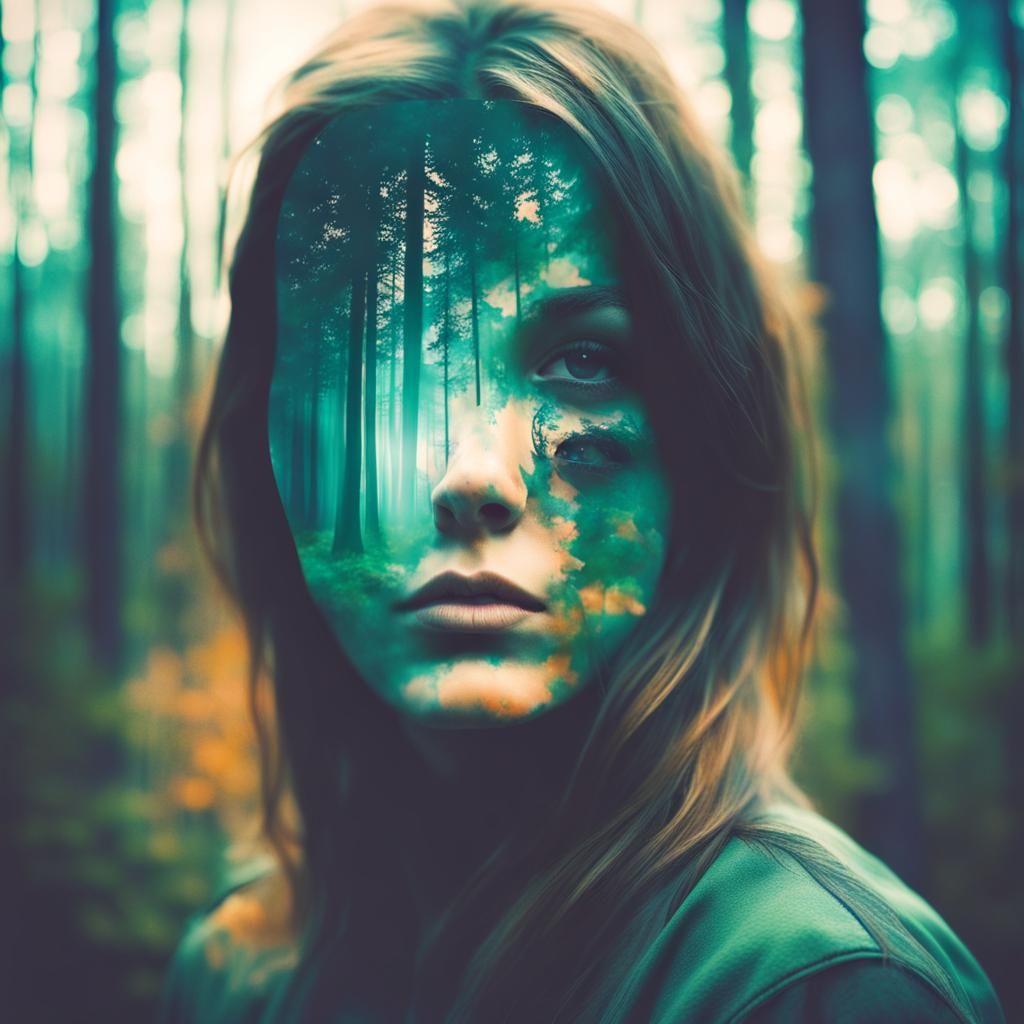 Abstract Double Exposure: Forest and Girl Face