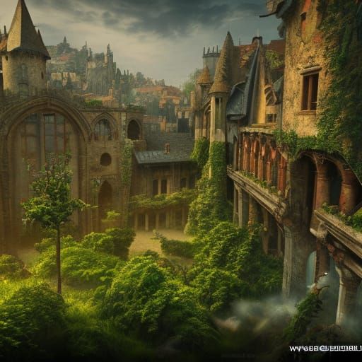 Abandoned Medieval City with Greenery in Detailed Matte Pain...