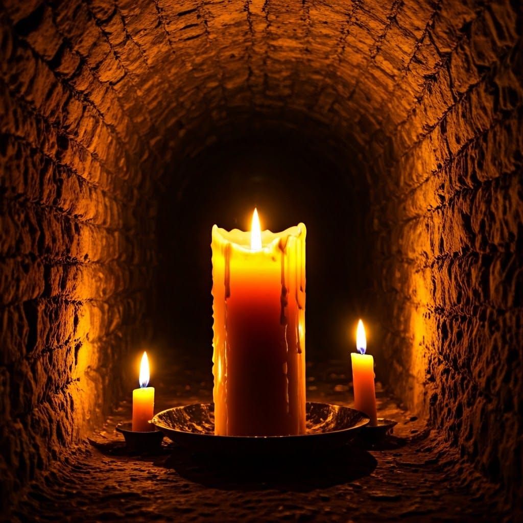 Mysterious Candlelit Tunnel in Dark Atmosphere