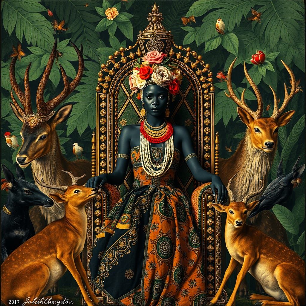 An african queen sitting on her throne surrounded by her subjects, art deco styling