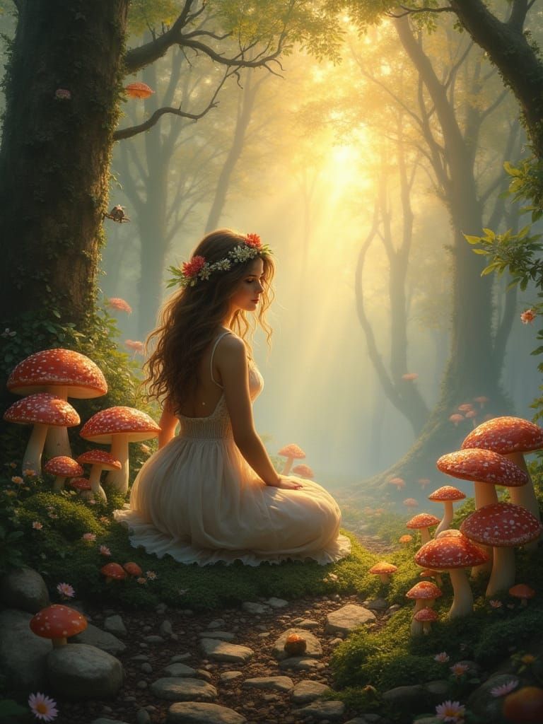 Ethereal Wood Nymph in Enchanted Forest at Dawn