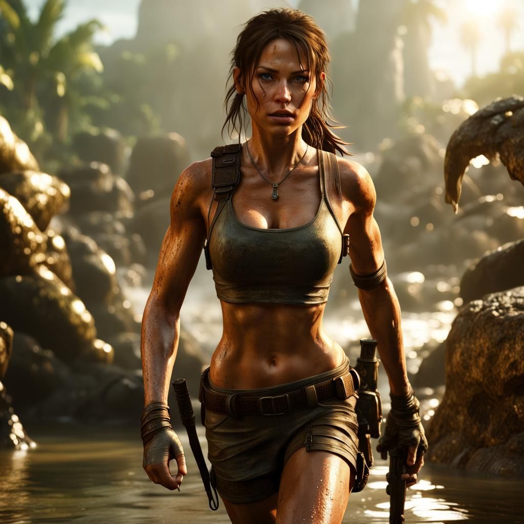 Lara Croft Escapes Crocodiles with Golden Statue