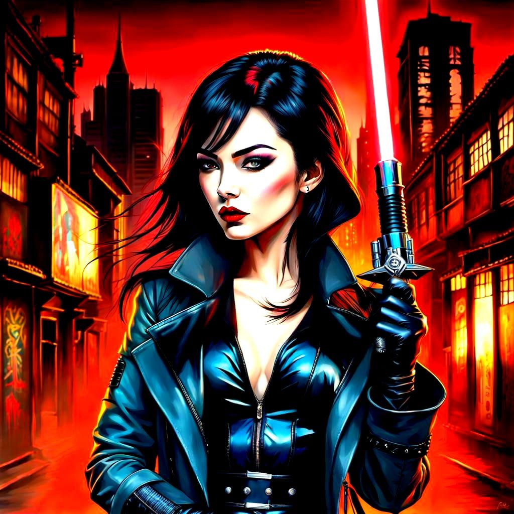 Vampire Lady with Lightsaber in Cyberpunk Neon City