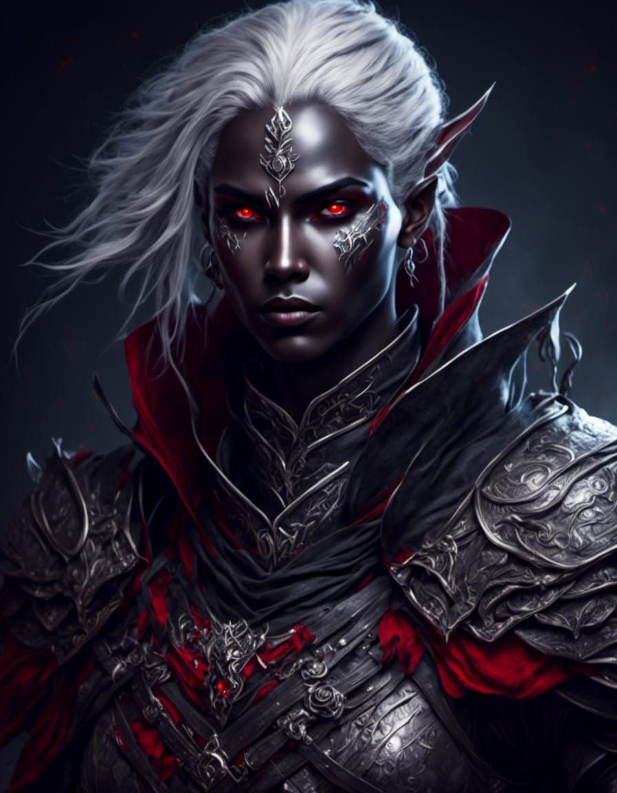 Mysterious Grey-Haired Drow Warrior in Neon Hues