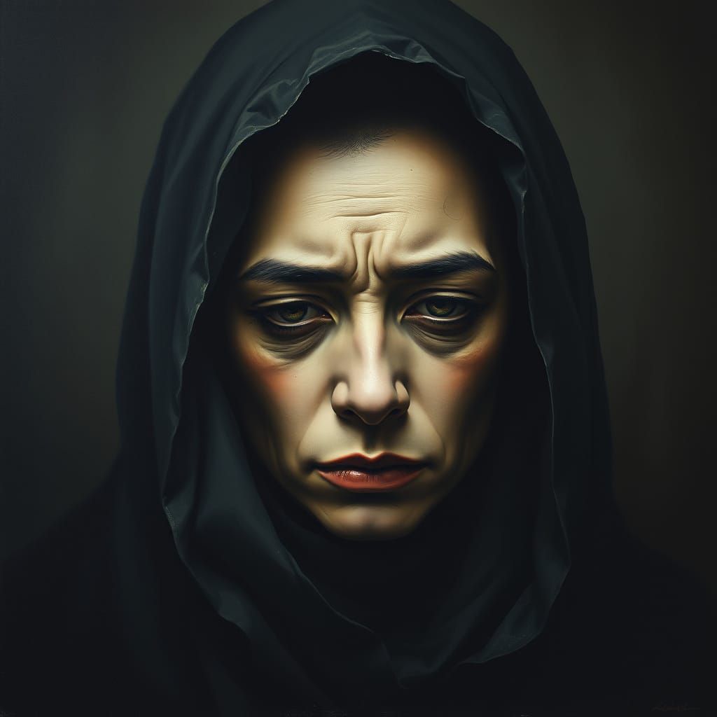 Sorrowful Figure Embodying Collective Resentment and Isolati...