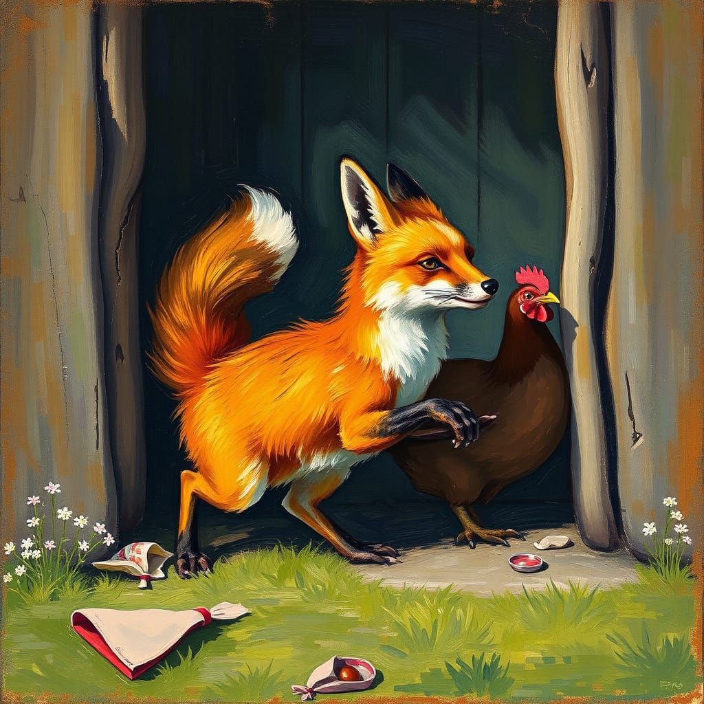 Fox Sneaking Into Henhouse as Impressionist Painting