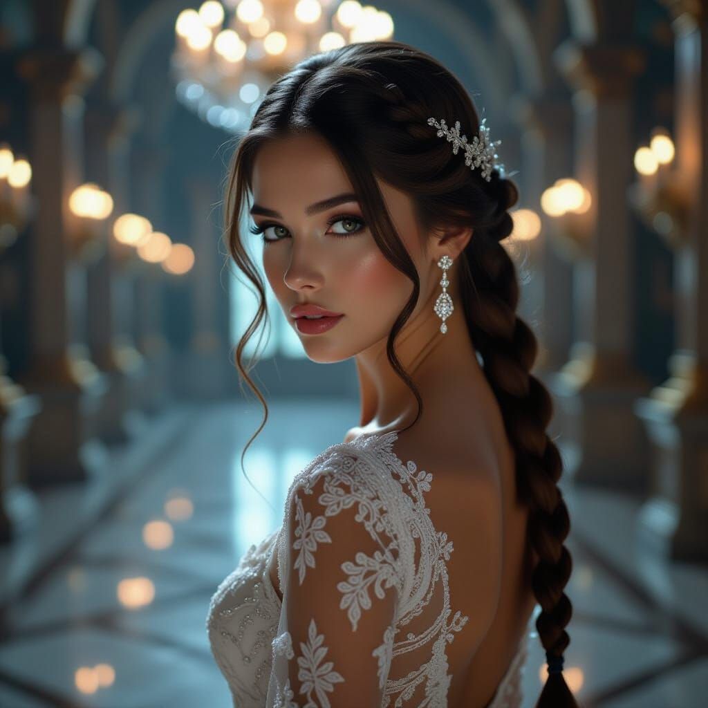 Woman in Opulent Ballroom with Braided Hair