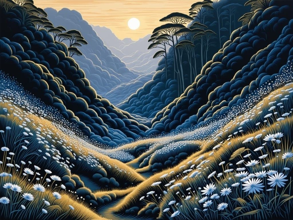 Hope in a Darkened Gorge, Where Blue Flowers Bloom in Radian...