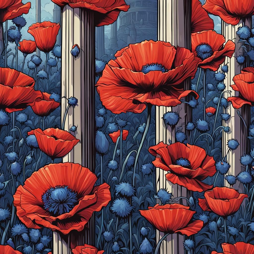 Poppies and Cornflowers Repeat Pattern in Comic Art