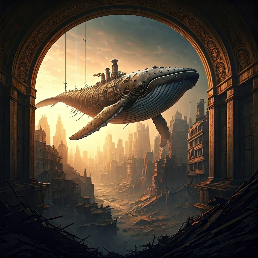Steampunk Whale Ascends Over Ruined Metropolis