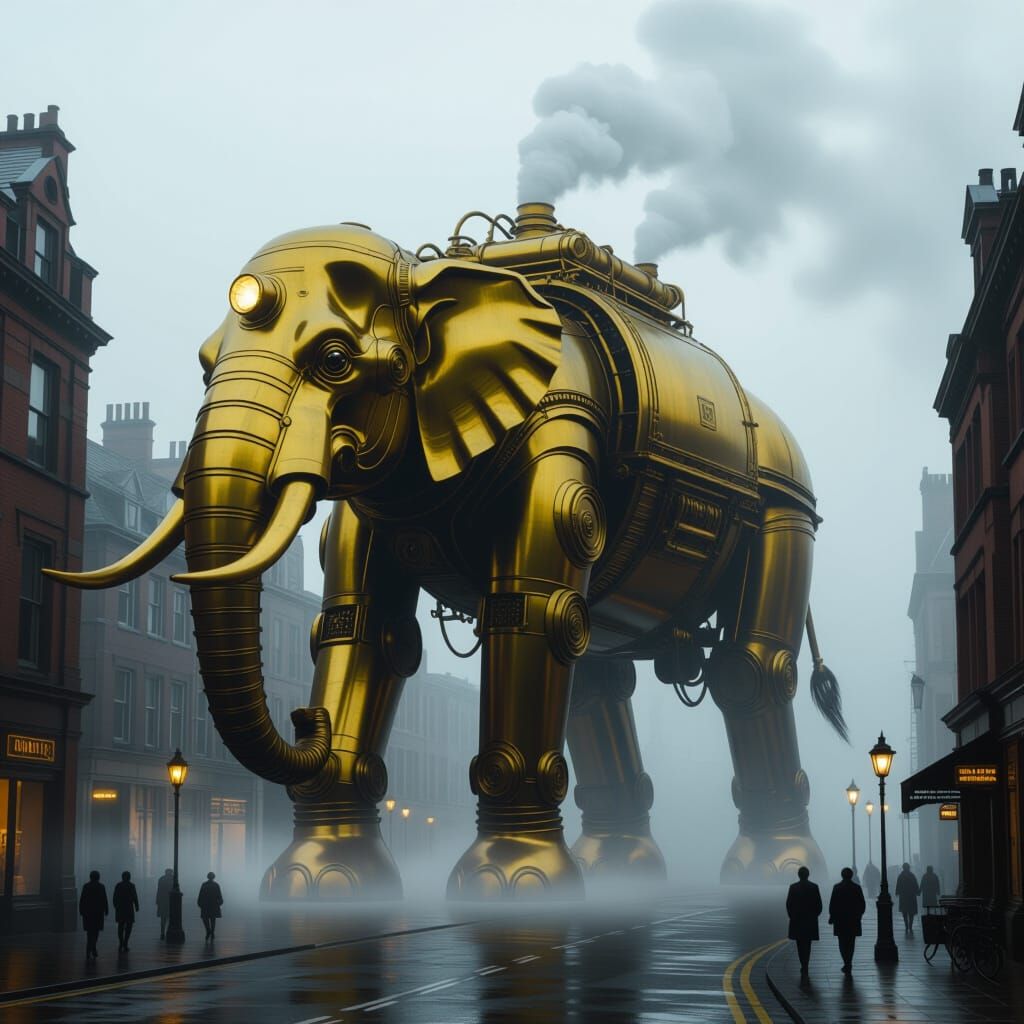 Brass Mechanical Elephant in Foggy Victorian City