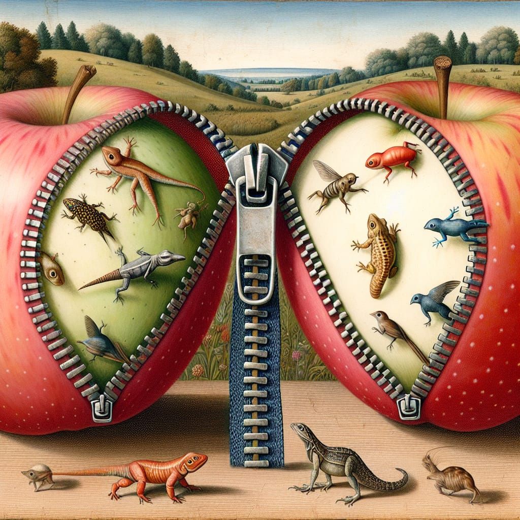 Apples Split by Zipper with Animals, Dürer Style
