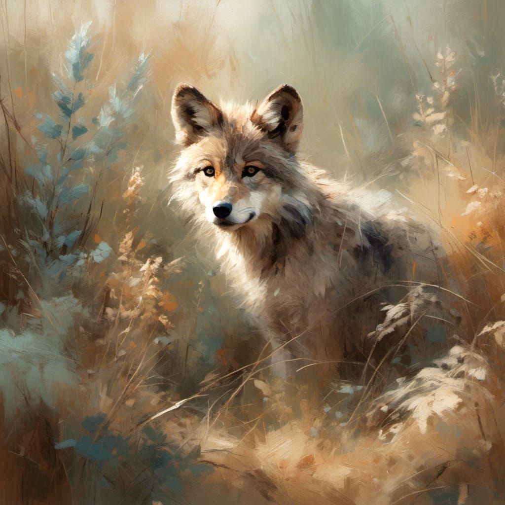 Curious Wolf Cub Portrait in Digital Illustration