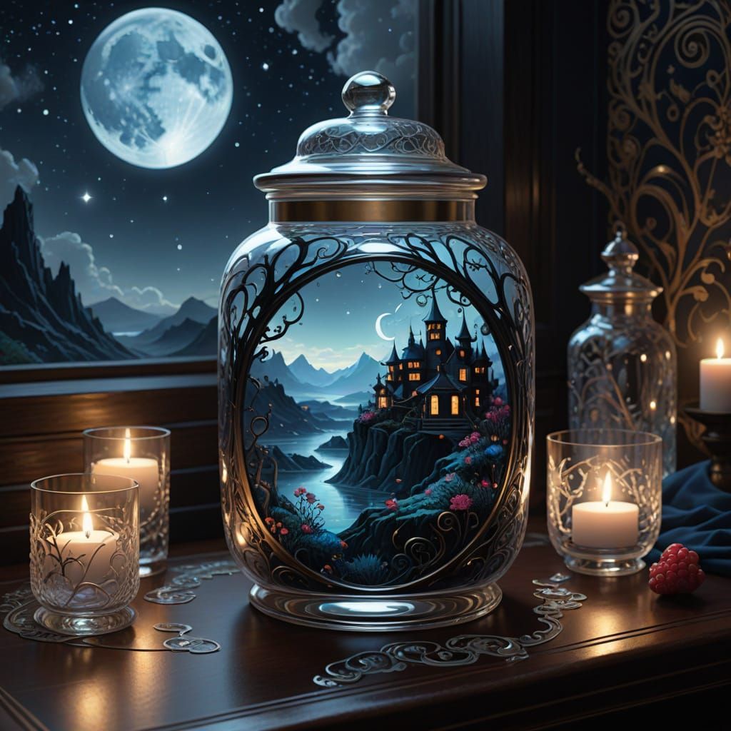 Crystal Jar in Dreamlike Scene with Elegant Linework