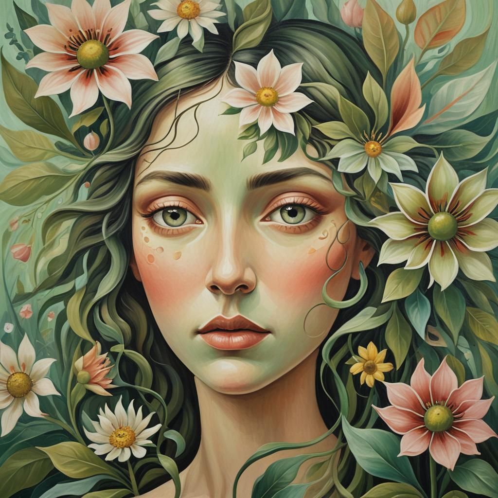 Woman's Face Blooms into Flower: A Surrealist Painting