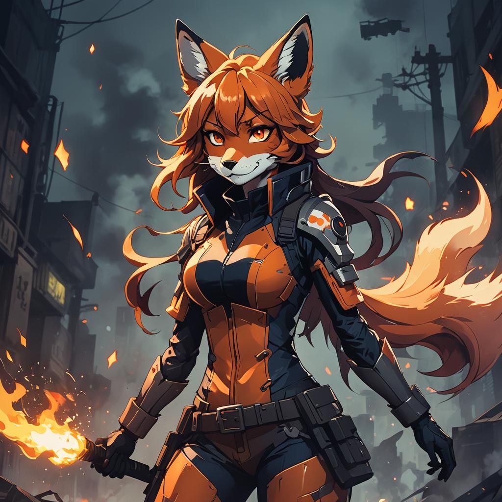 Anime Fox Girl with Pyro Powers in Cel-Shaded Style