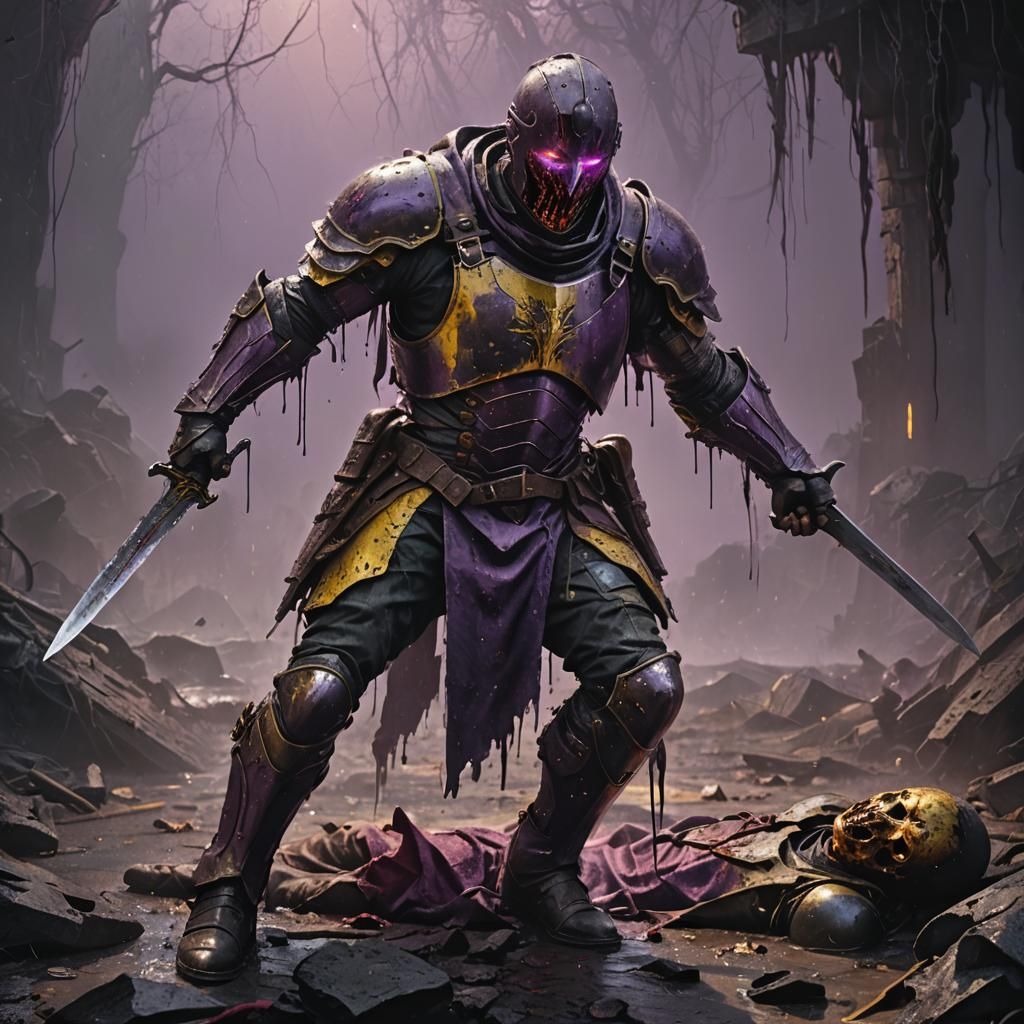 Dark Fantasy Soldier Rises in Misty Battlefield