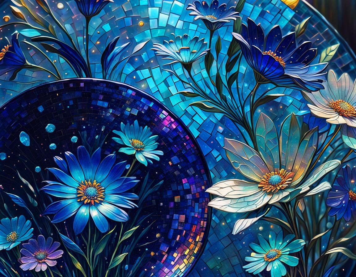 Galaxy Flowers in Etched Blue Vase: Mosaic Illustration