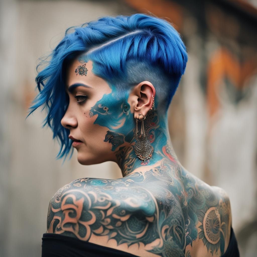 Blue-Haired Woman Displaying Intricate Back Tattoos