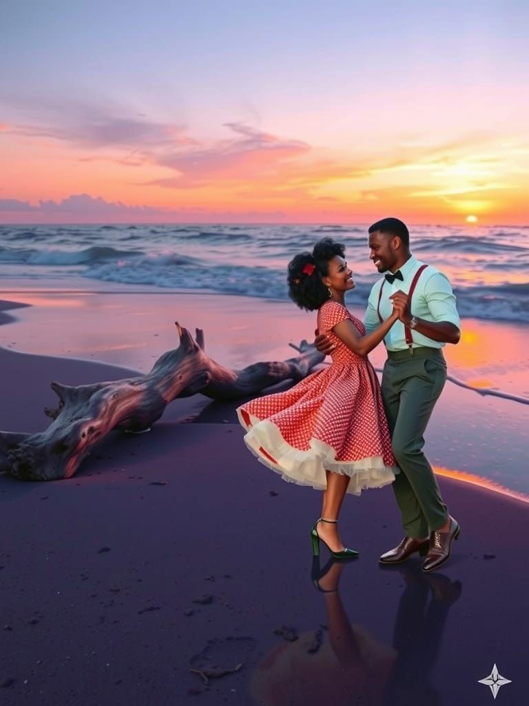Black Couple Dancing on Beach at Sunset