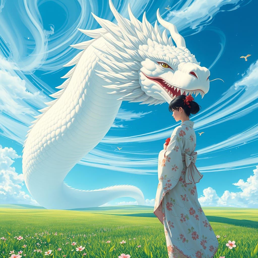 Woman with White Dragon in Anime Style