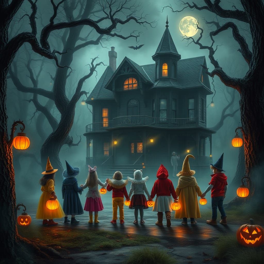 Trick-or-Treaters at Haunted House in Gothic Style