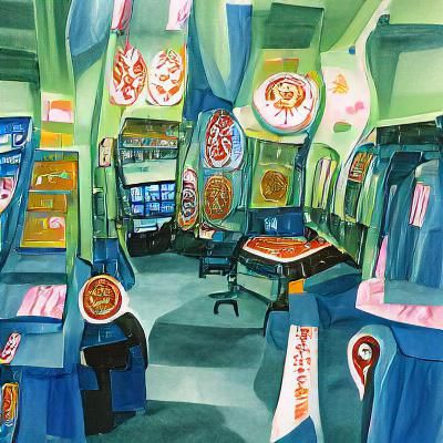 Pachinko Parlor Interior as Gouache Painting