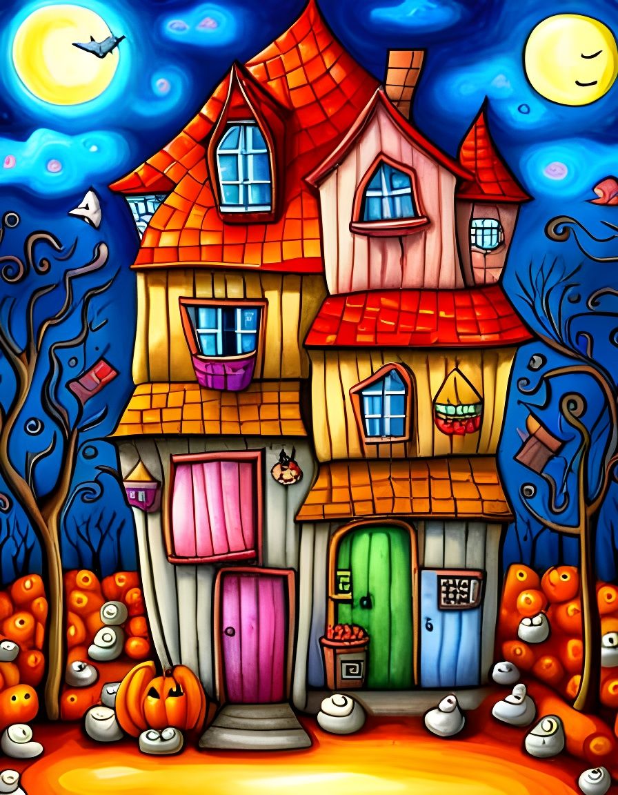 Colorful Halloween Haunted House in Cubist Style