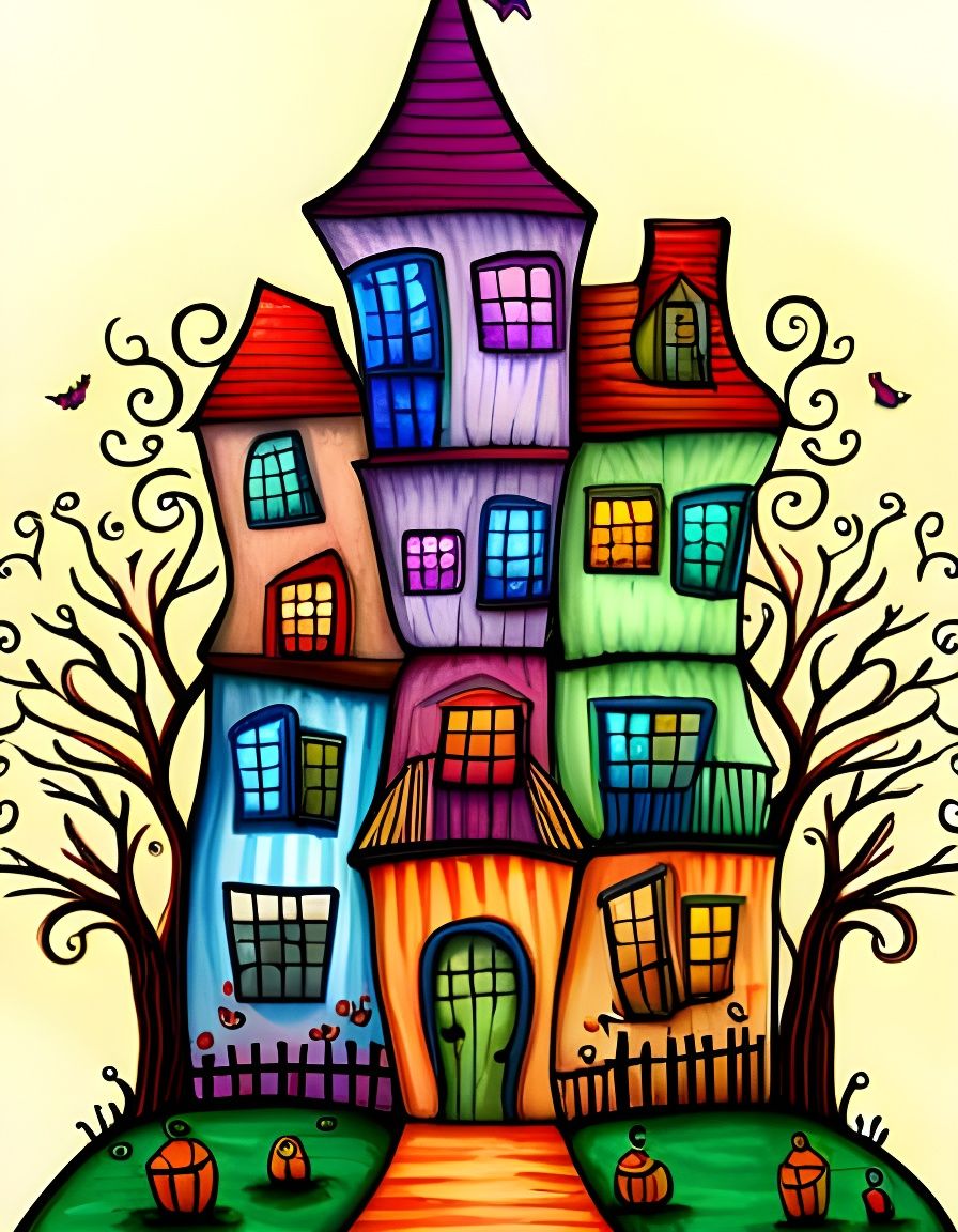 Colorful Cubist Haunted House in Watercolor