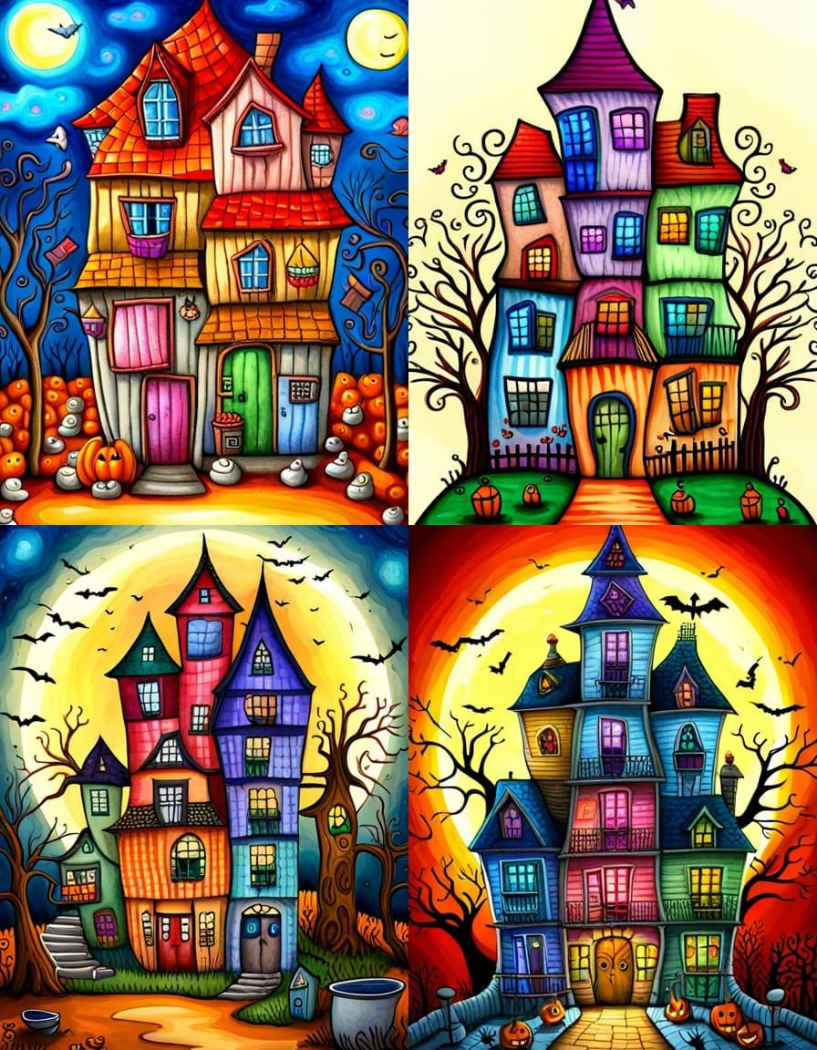 Halloween Haunted House in Cubist Watercolor