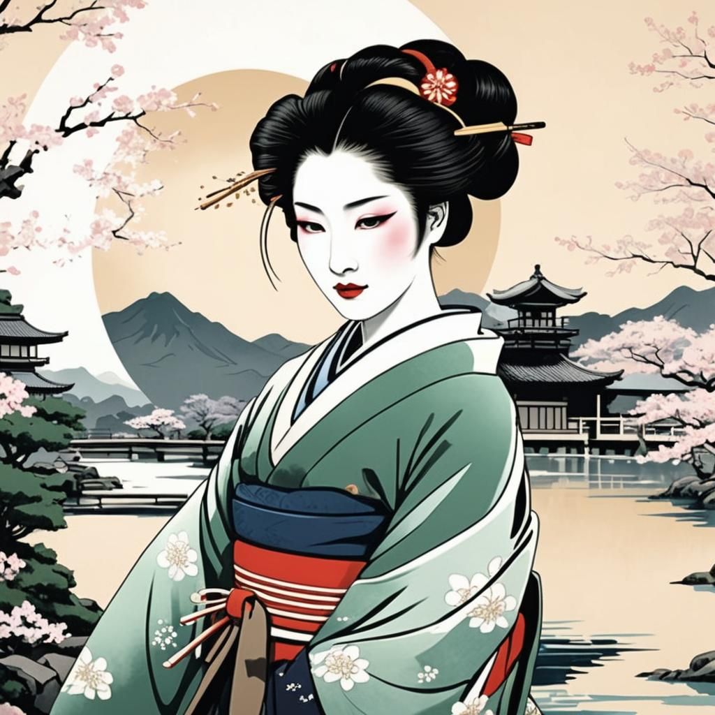 Ukiyo-e Geisha in Kyoto Garden