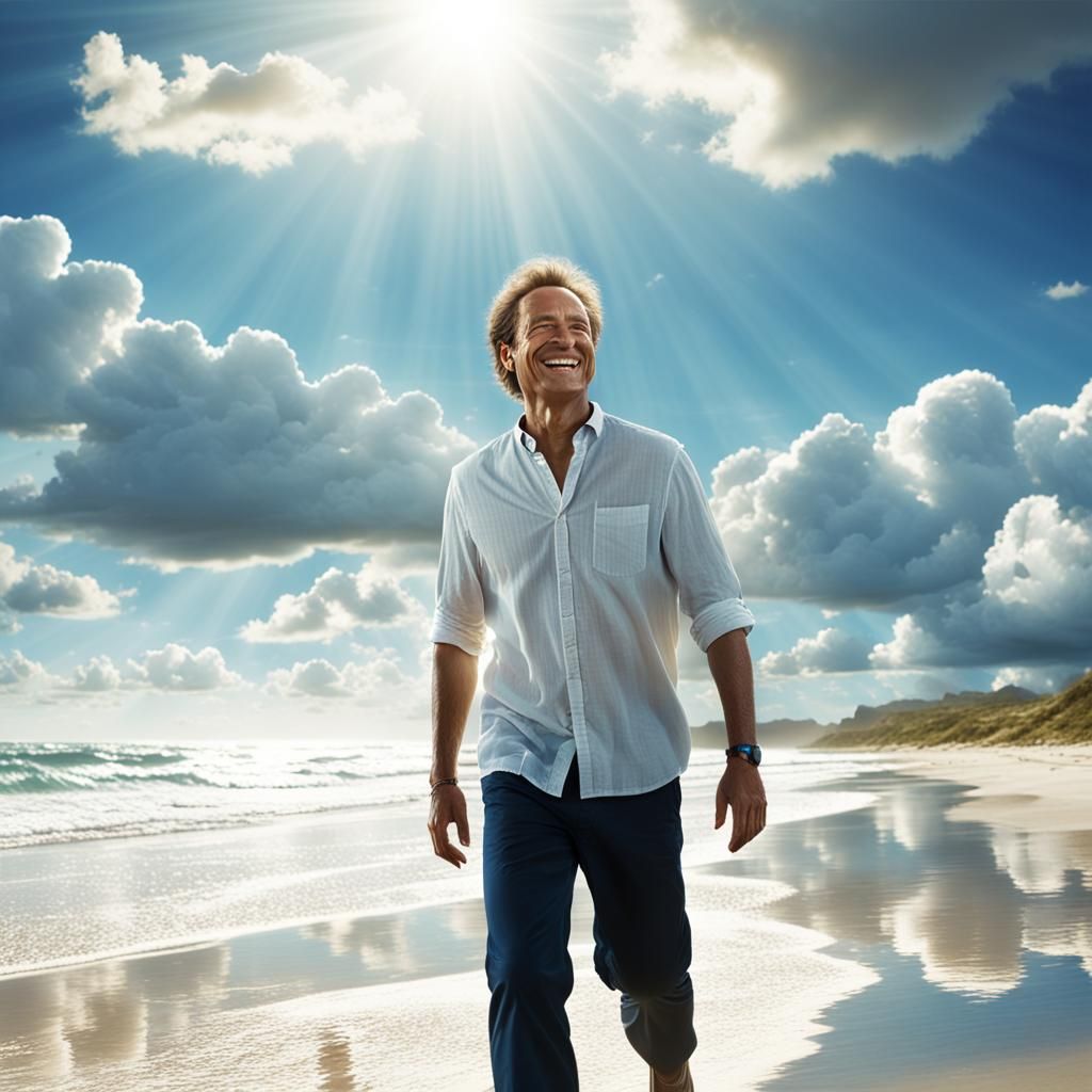 Happy man, white,  walking along the beach, the smile on his...