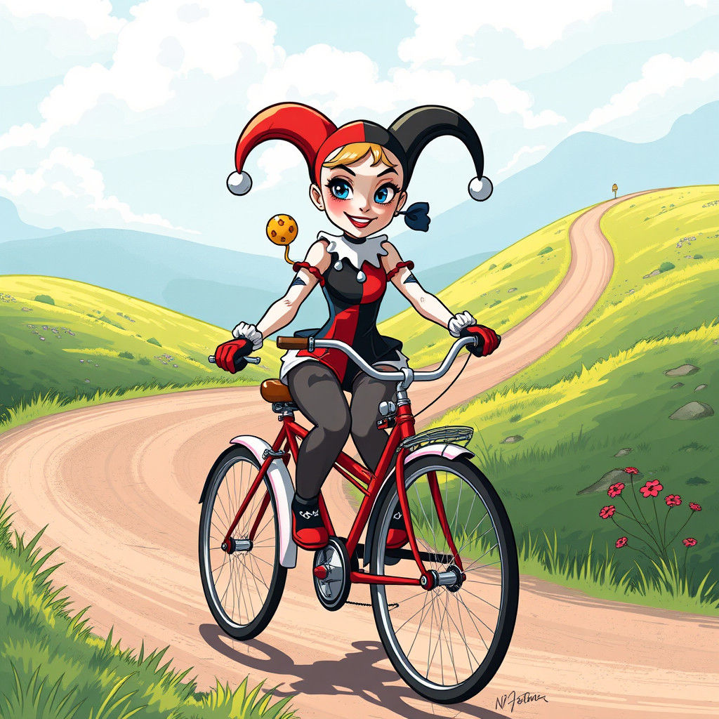 Young Harley Quinn Rides Bicycle, Animated Style