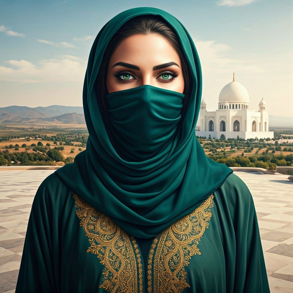 A Chic Hijabi Woman with Emerald Eyes in Elegant Abaya Gown...