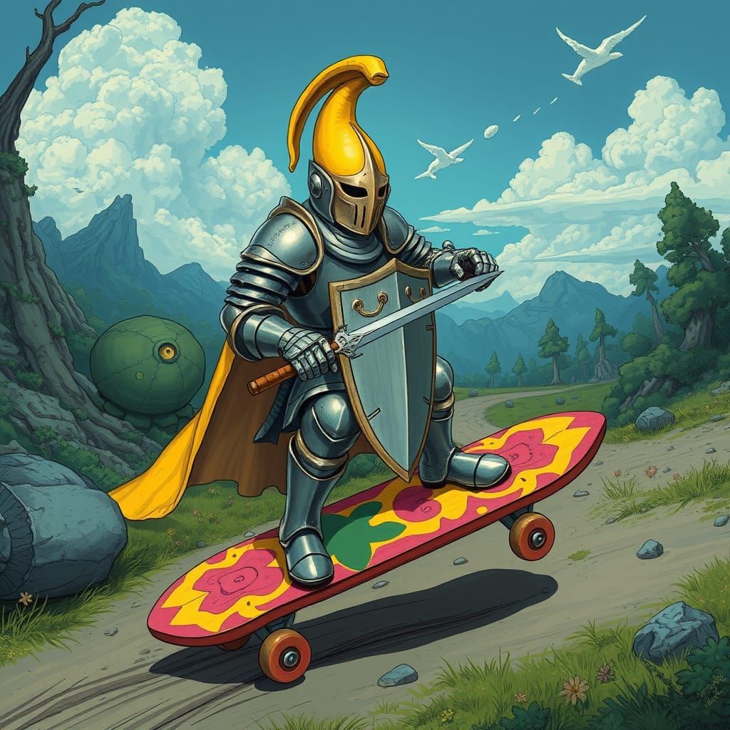 Banana Knight Skateboarder in Fantasy Realm