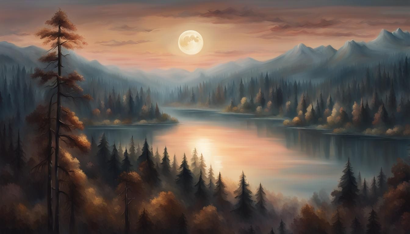 Twilight Lake and Forest: Aerial Landscape Painting
